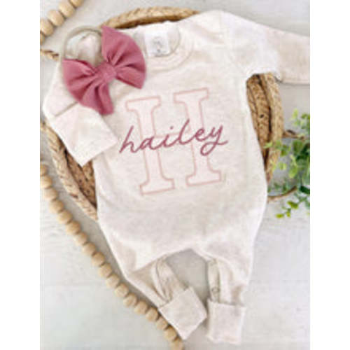 Personalized Baby Girl Outfit |Oatmeal Romper Pink Stripe Custom Baby – Wonderfully Made