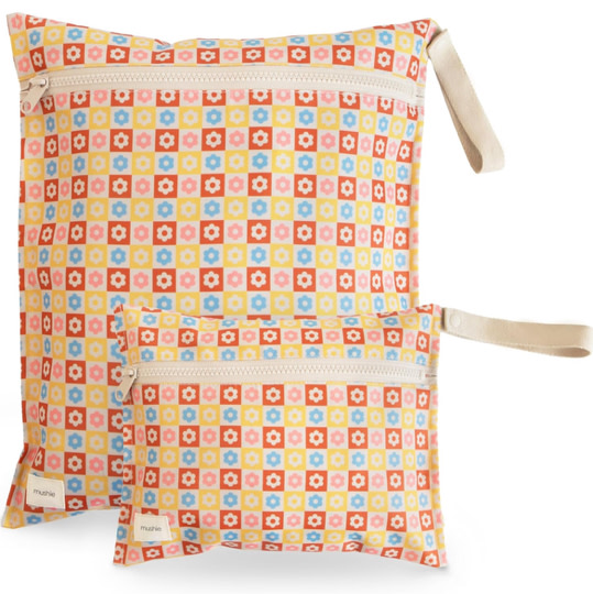 mushie Water Resistant Wet Bags | Large & Small Reusable Storage Bag for Baby Items and Travel | Zippered Pockets with Handle | Machine Washable, Set of 2 (Happy Flowers Check)