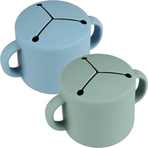 Silicone Snack Cups, Silicone Snack Containers Toddlers - Pack of 2 Food Grade Silicone Snack Cups with Grip Handle (Cambridge Blue/Ether)