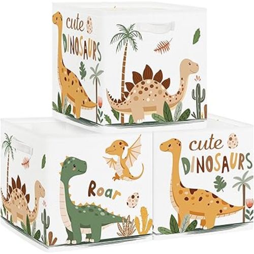 11.8" Boho Dinosaurs Cube Storage Organizer Set 3Pcs Palms Eggs Cube Storage Bin for Bathroom/Bedroom Kid Book Toy Chest, Cacti