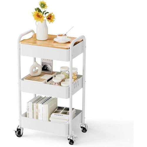 3 Tier Rolling Cart with Table top, Metal Rolling Utility Cart on Wheels, Sturdy Storage Organizer Cart with Hooks for Office, Classroom, Kitchen and Bathroom (White)