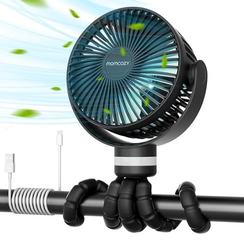Momcozy Portable Stroller Fan, 8000mAh, 27H Ultra-long Battery Life, Detachable 4 Speed 360°Rotate, LED Night Light with 2 Modes, USB Rechargeable Handheld Cooling Fan for Travel, Car Seat, Bedroom - Black