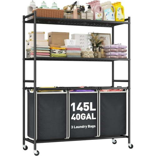 HXYHJ 3 Section Laundry Hamper Sorter with Adjustable Storage Shelf Basket Organizer with Removable Bag 3 Compartment Laundry Hampers-Wheel