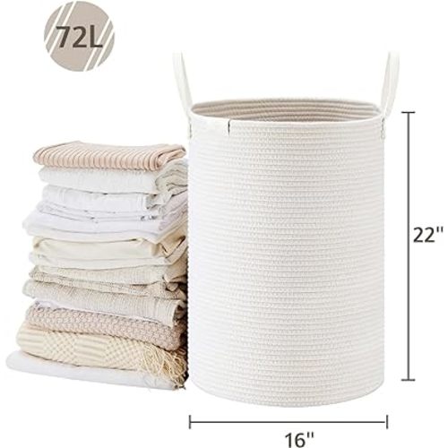 VIPOSCO Tall Laundry Basket, Large Dirty Clothes Hamper with Leather Handle, Woven Rope Storage Basket for Blanket, Toy In Living Room, Bathroom, Bedroom - 72L White