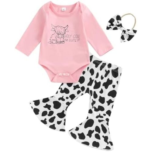 Western Baby Girl Clothes Holy Cow I'm Cute Romper Cow Print Bell Bottoms Headband 3Pcs Set Infant Fall Outfit