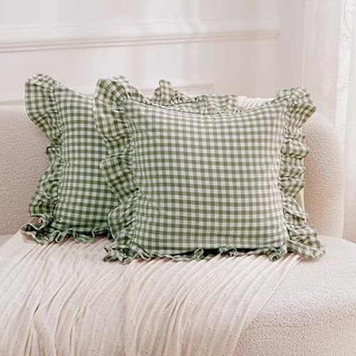 2 Pack Sage Green White Plaid Ruffled Throw Pillow Covers 18x18 inches,100% Cotton Gingham Pillow Shams, Farmhouse Checkered Ruffle Throw Pillow Cases for Couch and Bed, Sage Green/White Plaid