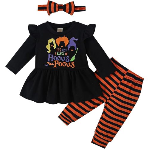 Noubeau My 1st Halloween Baby Girl Outfits Ruffle Pumpkin Print Tunic Drees Shirt Stripe Pants Legging Fall Winter Clothes