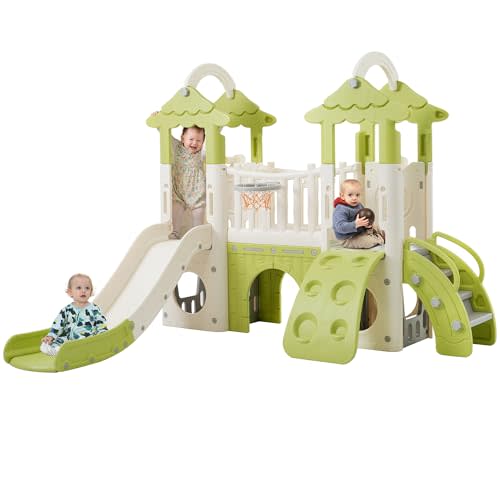 Virubi 8-in-1 Jungle Slide, Indoor Outdoor Toddler Playset with Basketball Hoop, Telescope and Climbing Wall, Tree House Design Baby Slide Playset for Toddlers 1+