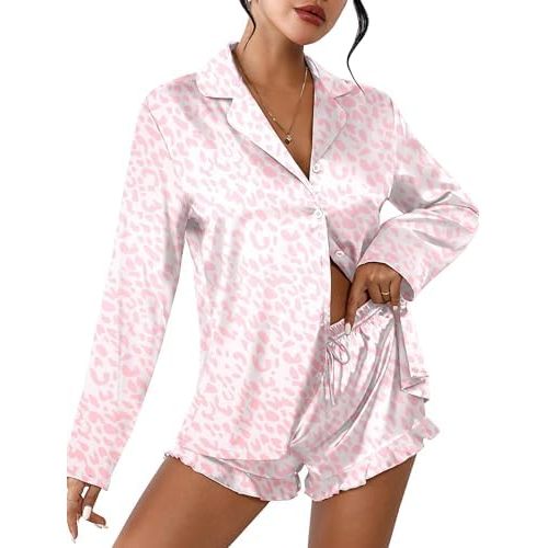Ekouaer Womens Satin Pajama Sets Long Sleeve Top and Shorts Lounge Set Button Down Sleepwear