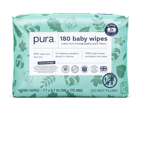 Pura Baby Wipes, Fragrance Free, Sensitive, EWG Verified, Plant-Based, 180 Count, Choose Your Count