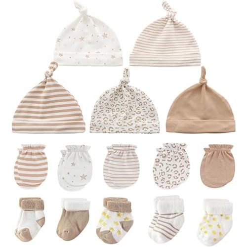 Newborn Baby Boy Girl Caps Mittens Socks Set Cotton Baby Essentials Accessories (Hats+Gloves+Socks)