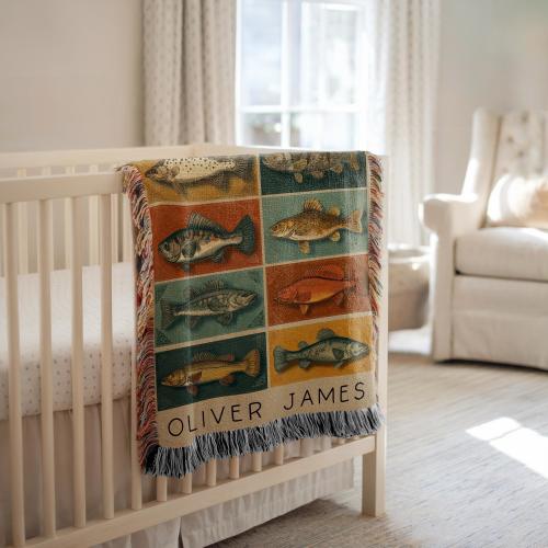 Customized Fishing Baby Blanket Fishing Blanket Boys Fish Name Blanket Fishing Baby Blanket Woven Fish Blanket Fishing Gifted Baby Shower