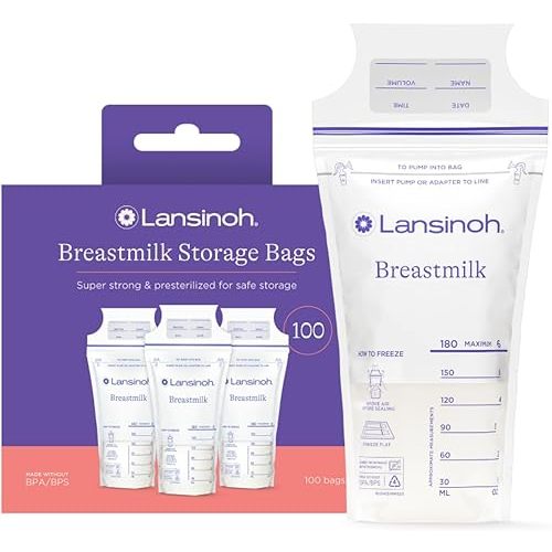 Lansinoh Breastmilk Storage Bags, 100 Count, Baby Essentials, Fast Freeze & Thaw Breast Milk Bags for Baby Bottle Feeding, Superior Strength & Stretch, 6 Ounce