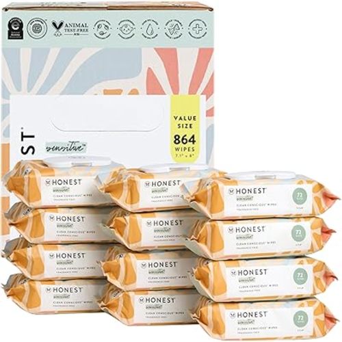 The Honest Company Clean Conscious Unscented Wipes | Over 99% Water, Compostable, Plant-Based, Baby Wipes | Hypoallergenic for Sensitive Skin, EWG Verified | Sunburst, 864 Count