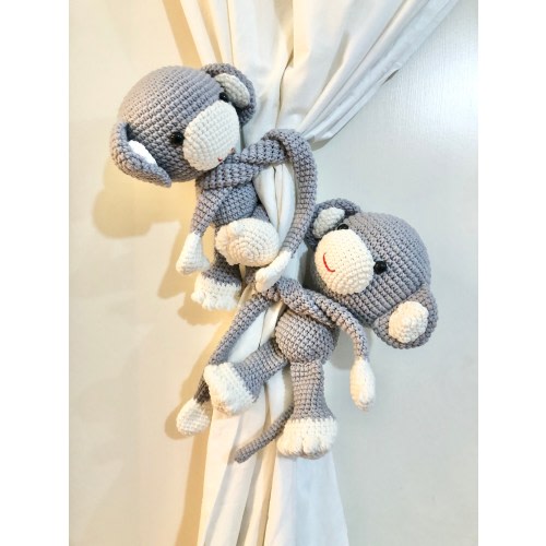 Grey Monkey Curtain Tiebacks, Crochet Monkeys, Crochet Monday Tiebacks, Curtain Tieback Holder, Curtain Tieback Crochet