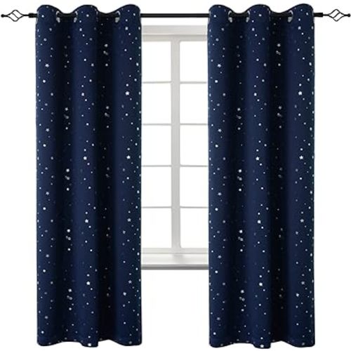 BGment Kids Blackout Curtains for Boys Bedroom - Grommet Thermal Insulated Silver Star Print Room Darkening Curtains for Living Room, Set of 2 Panels (42 x 72 Inch, Navy)
