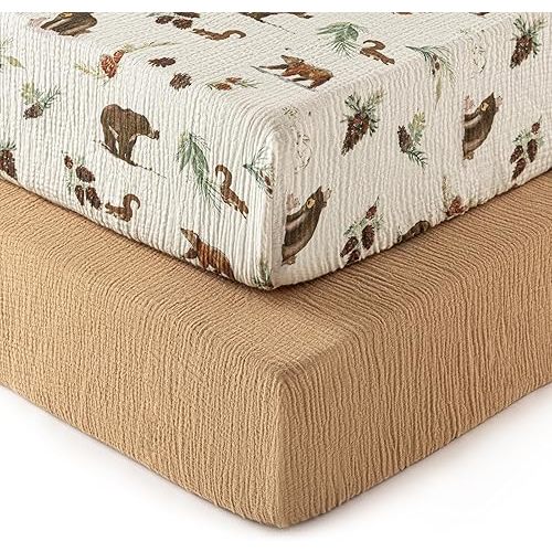 david's kids Muslin Crib Sheets for Boys, 2 Pack 100% Cotton Soft Breathable Fitted Baby Sheet Set, Standard 52"x28" Crib and Toddler Mattress, Woodland Animal