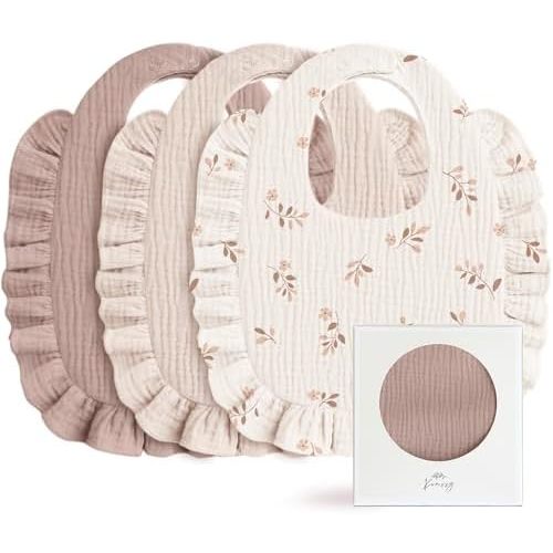 Konssy Muslin Baby Bibs for Girls – Soft 100% Cotton Drool Bibs, Ruffle Trim for Newborns & Toddlers 0-36 Months 3-Pack