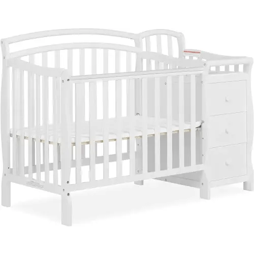 Casco 3-In-1 Mini Crib And Changing Table In White, Convertible Crib, Made Of Pinewood, Three Position Adjustable Mattress Height Settings