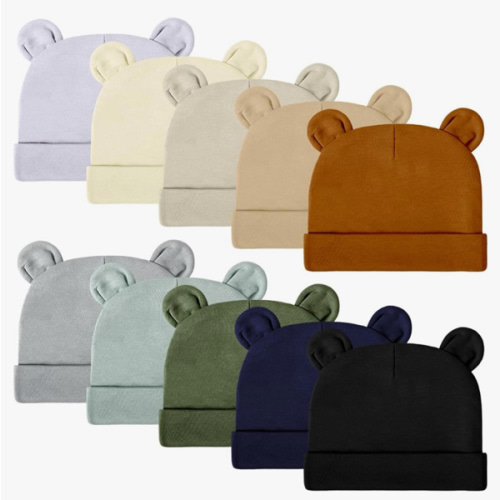 Toulite 10 Pcs Newborn Baby Hat Bear Ears Infant Caps Girl Cotton Newborn Hospital Hat Solid Color Boys Preemie Soft Toddler Beanie for 0-6 Months Baby Autumn Winter