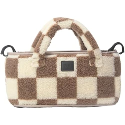 Universal Stroller Organizer Bag - Easy Grab Top Handles, Stroller Caddy with Cup Holder, 3 Open Compartments, Adjustable Stroller Straps & Zippered Wallet Pocket | (Print Checkers Tan)