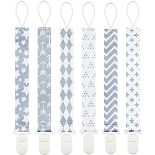 Neutral Grey Pacifier Clips, 6 Pack Pacifier Holder Clips for Boys and Girls Fits for Most Pacifiers Brands, Teether Toys and Gift(Arrow)