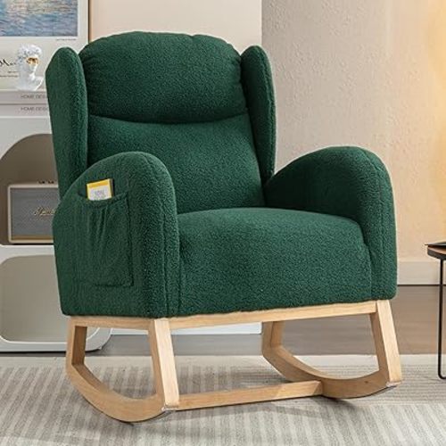 Setawix Teddy Rocking Glider Chair for Nursery,Upholstered Living Room Rocker Arm Chair,Leisure Sherpa Wingback Armchair,Mid Century Modern Rocking Accent Chair with Side Pockets (Wingback Green)