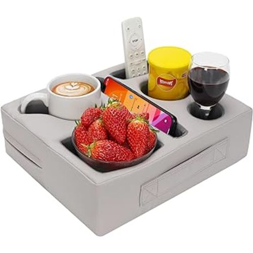 G GOOD GAIN Couch Cup Holder Pillow-Sofa Cup Holder Cozy Buddy | Bed Drink Caddy Holds Tablet, Remote, Snacks | Waterproof Anti-Spill Sofa Beverage Tray for Car, Beach, Picnic, Boat, RV(Light PUGrey)