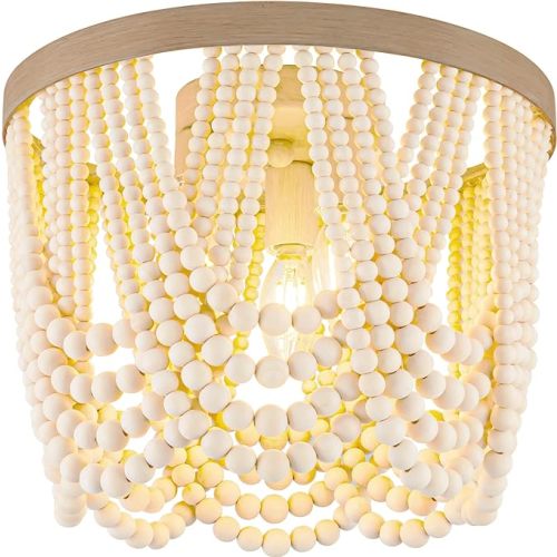 RyaHQ Boho Light Fixture Boho Beaded Chandelier Boho Light Fixtures Ceiling Beaded Light Fixture 3-Light Wood Bead Chandelier Nursery Light Fixture Chandeliers for Bedrooms - 3 Lights