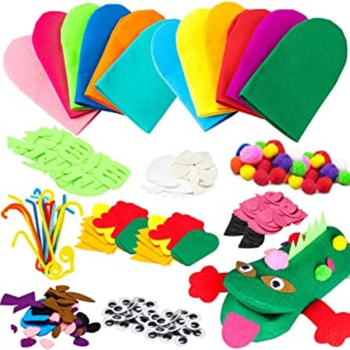 WATINC 12Pcs Hand Puppet Making Kit for Kids Art Craft Felt Sock Puppet Toys Creative DIY Make your Own Puppets Pompoms Storytelling Role Play Party Supplies for Girls Boys