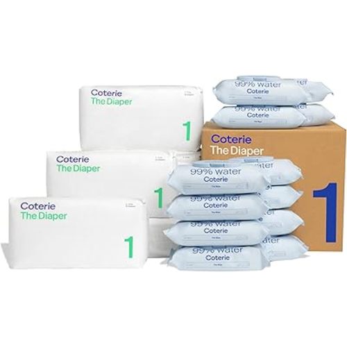 Coterie Baby Wipes + Diapers Kit, Size 1 Diapers (198 Count) & 12 Pack (672 Count) Baby Wipes