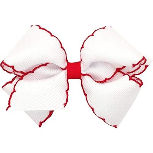 Wee Ones Girls' Grosgrain Hair Bow with Contrasting Moonstitch Edge and Wrap on a WeeStay Hair Clip, Small, White with Red