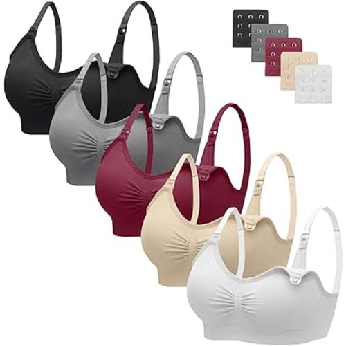 Angelhood Nursing Bra 5 Pack Womens Maternity Breastfeeding Bra Seamless Wireless Sleep Bra with Bra Extenders