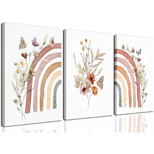 AKWISH Boho Wall Decor Set of 3, Rainbow Canvas Wall Art Paintings Prints, Cute Boho Wildflowers Posters Nursery Wall Decor for Kids Room Baby Room Classroom Bedroom Decor 12x16 in Framed