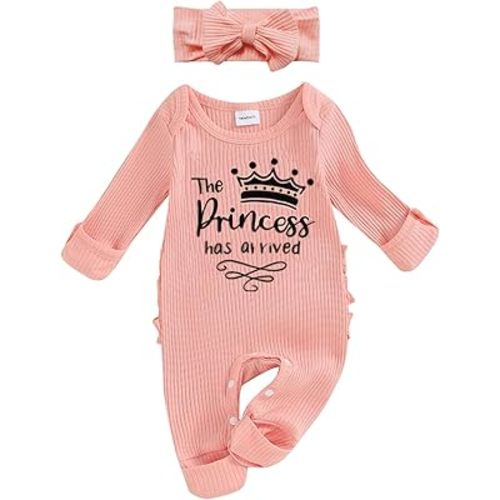 FIOMVA Im New Here Newborn Outfit Girl Long Sleeve Letter Romper Ribbed Knit Jumpsuit Baby Girl Preemie Coming Home Outfit