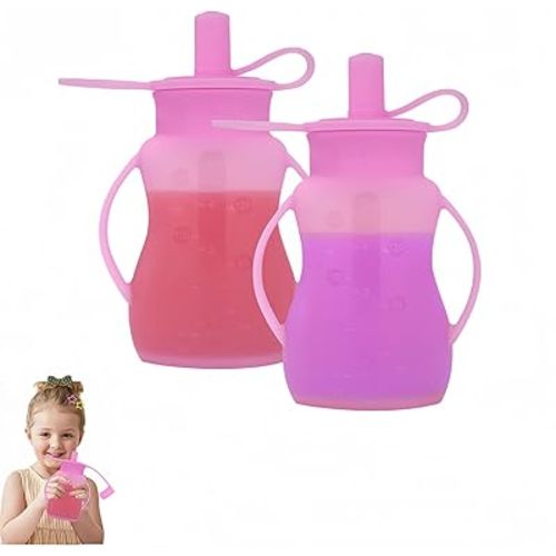 Reusable Silicone Baby Food Pouches, for Applesauce, Yogurt, Fruit or Vegetable Puree, Smoothies, BPA-Free Silicone Reusable Pouch Toddler, Microwave, Freezer, Dishwasher Safe, 4.78oz, 2 Pack, Purple