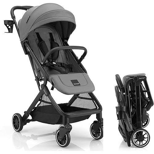 Gromast Compact Fold Baby Stroller, Lightweight Travel Toddler Stroller with One-Click Fold, Extendable UPF50+ Canopy, Cup Holder, UV Protected and Waterproof, One-Hand Folding - Gray