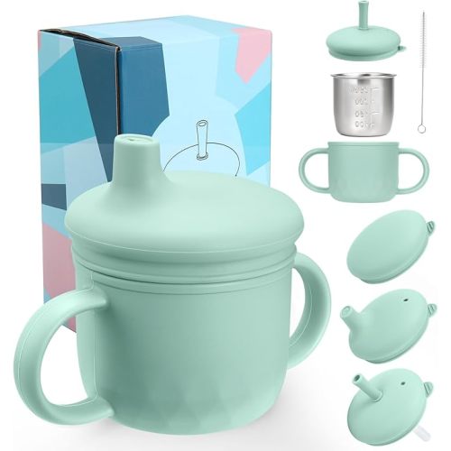Mity rain 3-In-1 Stainless Steel Sippy Cup for 6+ Month Old, Baby Straw Cups for Toddlers 1-3 with Travel Lid, Silicone Straw, Replacement Straw & Cleaning Brush - 8oz Toddler Cups Spill Proof Set