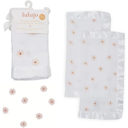 lulujo Security Lovey Blankets Unisex Softest Breathable Cotton Muslin Security Blanket Set with Silky Satin Trim| Neutral Comforting Blanket for Girls & Boys| 16in x 16in| Daisies