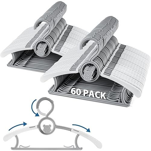 Baby Hangers for Closet Adjustable, Extendable & Stackable Kids Hangers, 11~14inch Non-Slip Plastic Kid Hangeres, Toddler Hangeres for Infant Baby Toddler Children Nursery Teen, Gray, 60PACK