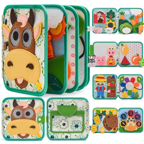 Montessori Busy Book for Toddlers 1-3, Felt Quiet Book & Busy Board for Preschool Learning, Fine Motor Skills & Sensory Play, Educational Travel Toy and Gift for Kids – Farm Animals Theme, Green