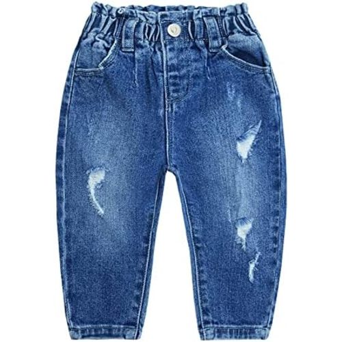 KIDSCOOL SPACE Little Girls Ruffled Elastic Waist Diagonal Pocket Denim Pants