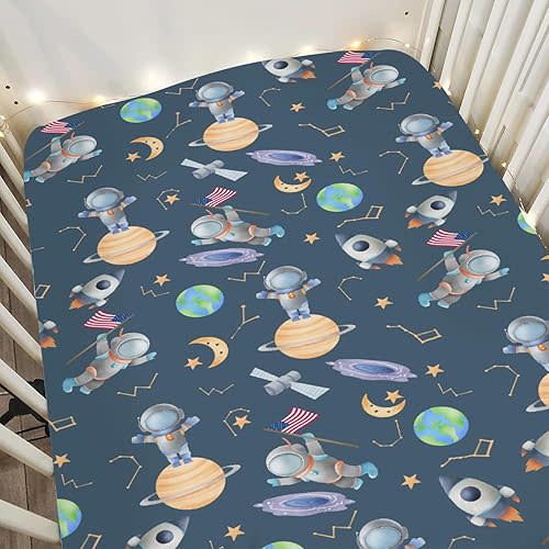 Outer Space Astronaut Planets Baby Crib Sheets for Boy Girl 28"x52" Spacemen Galaxy Ship Moon Stars Soft Snug Fitted Crib Mattress Cover Cosmos Baby Sheet for Standard Crib and Toddler Bed Mattress
