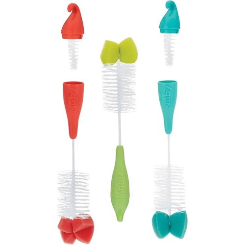 Nuby Bottle and Nipple Brush with Bristles and Sponge Tip | 3 Pack: Aqua, Coral, Lime Green| Hanging Handle with Hook for Drying