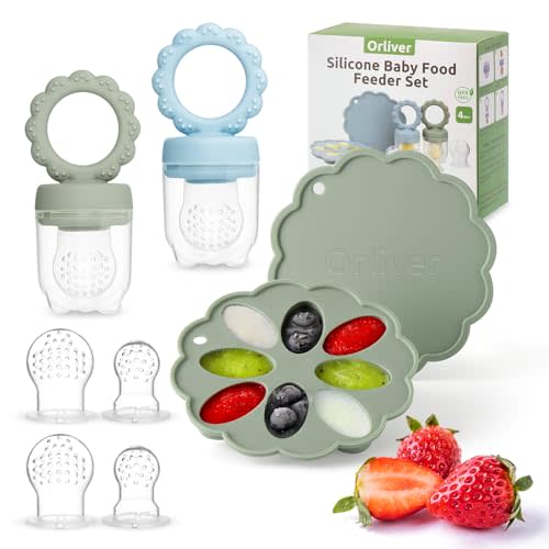Silicone Baby Fruit Food Feeder Breastmilk Popsicle Molds Set, Baby Food Freezer Tray for Cooling Teething Relief, Baby Food Feeder for Safe Infant Self Feeding, Includes 6 Extra Food Pacifier
