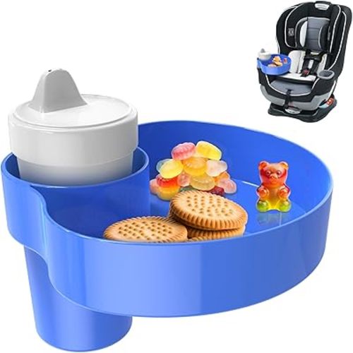 Car Seat Snack Tray: Travel Tray for Kids Carseat Cup Holder with Food Trays, Stroller Snacks Plate for Toddlers, Kid Road Trip Essentials, Blue