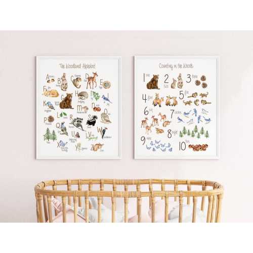 Woodland Alphabet & Numbers Print Set, Woodland Counting Print, Woodland Nursery Decor, Woodland Kids Decor, Educational Art, Woodland Art
