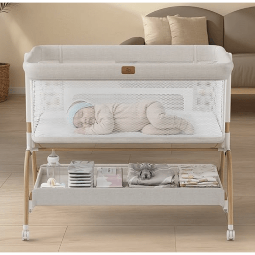 Baby Bassinet Bedside Crib, 3-in-1 Baby Bassinet Bedside Sleeper with Mattress and Soft, Breathable Sheet, Full-Mesh Sides, 6-Height Adjustable, Stable and Secure Crib for Newborns