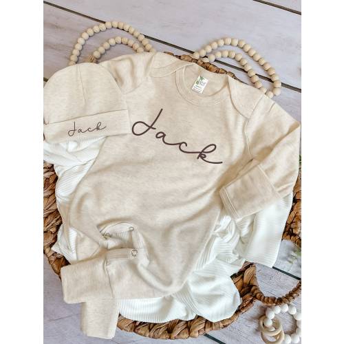 Personalized Neutral Romper & Hat Set for Infant Boy, Beige Sleeper with Footies, Taupe Tan Coming Home Outfit, Baby Shower Gift