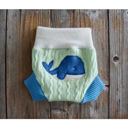 Upcycled Cashmere Soaker Cover Diaper Cover Shorties With Added Doubler Green/White/ Blue With Whale Applique SMALL 3-6 Months